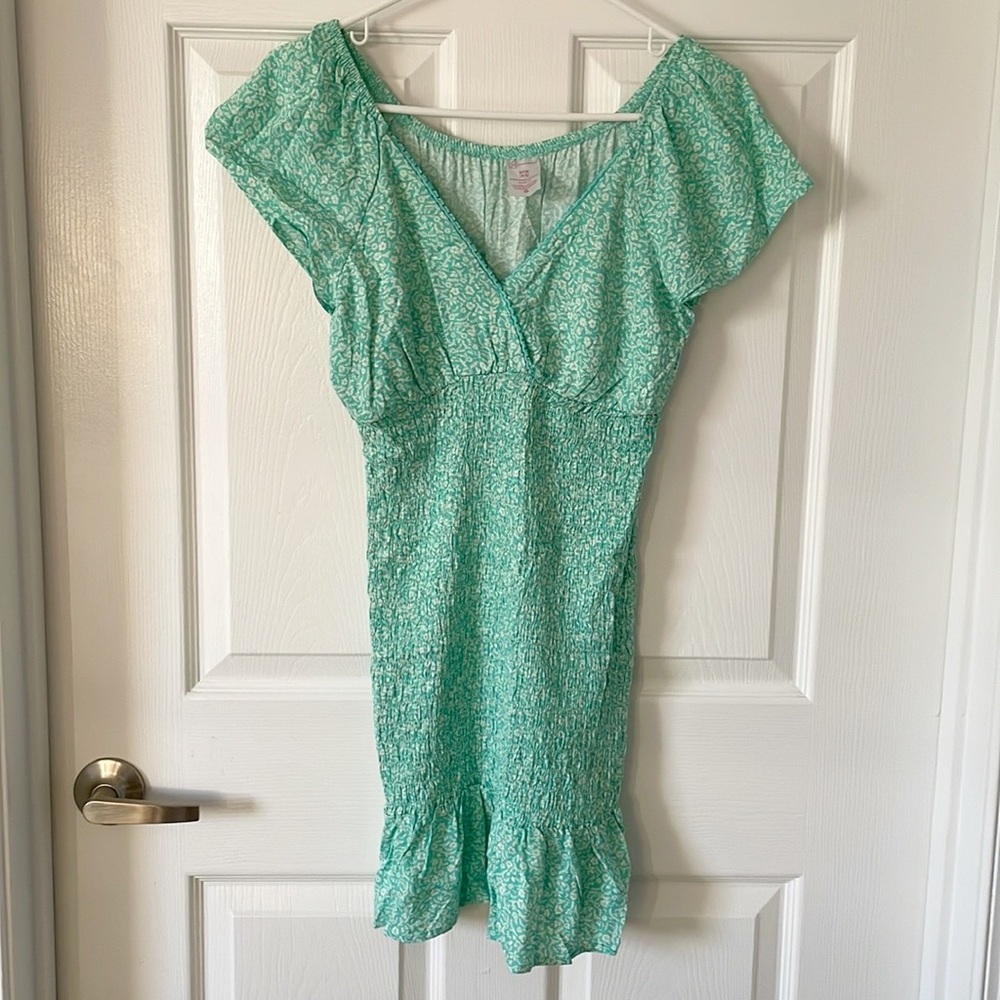 No Boundaries Smocked Dress Green Floral Ruffles, Small - Picture 2 of 6